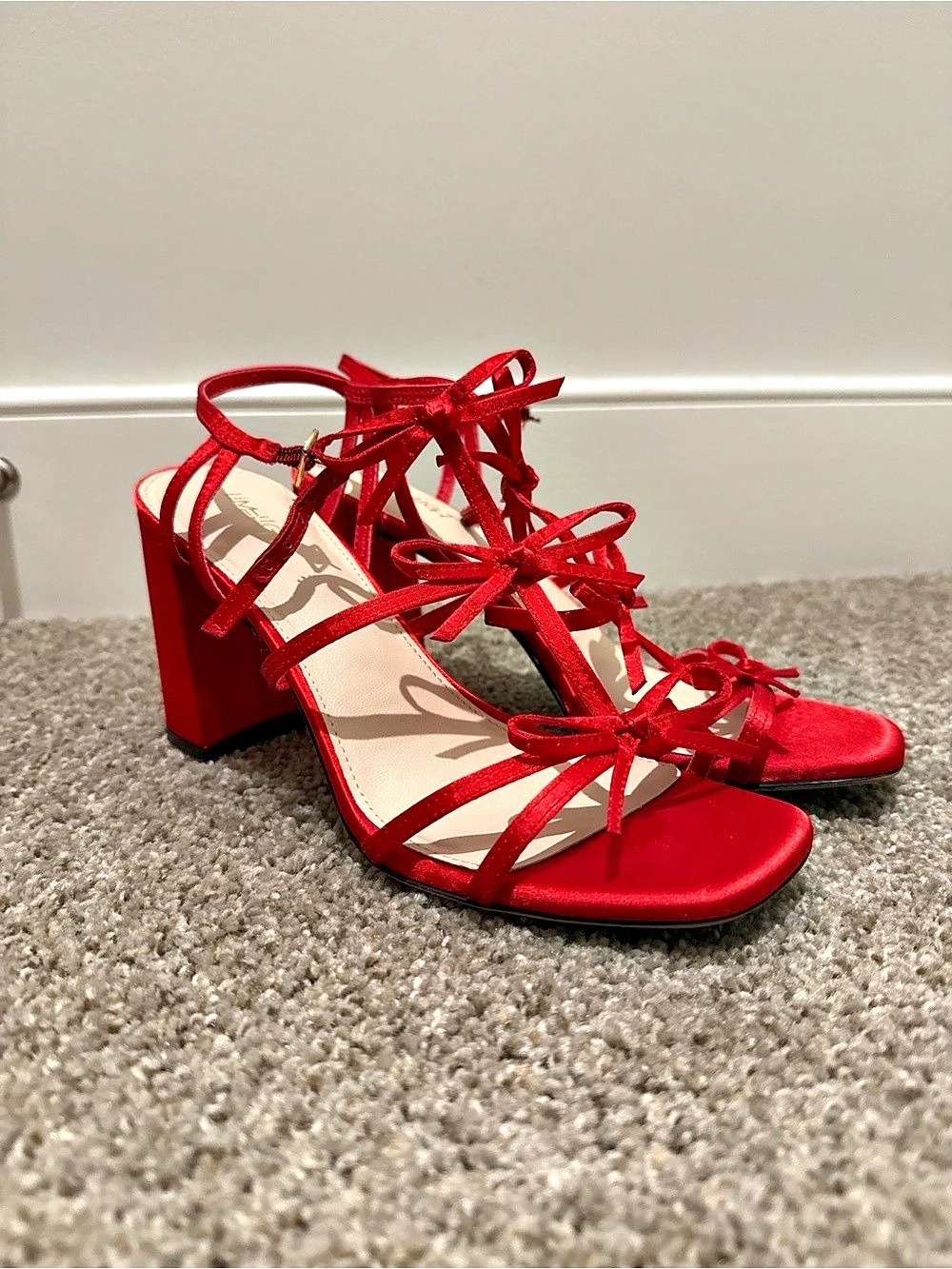 Red Ankle-Tie Block Heel Sandals Like New